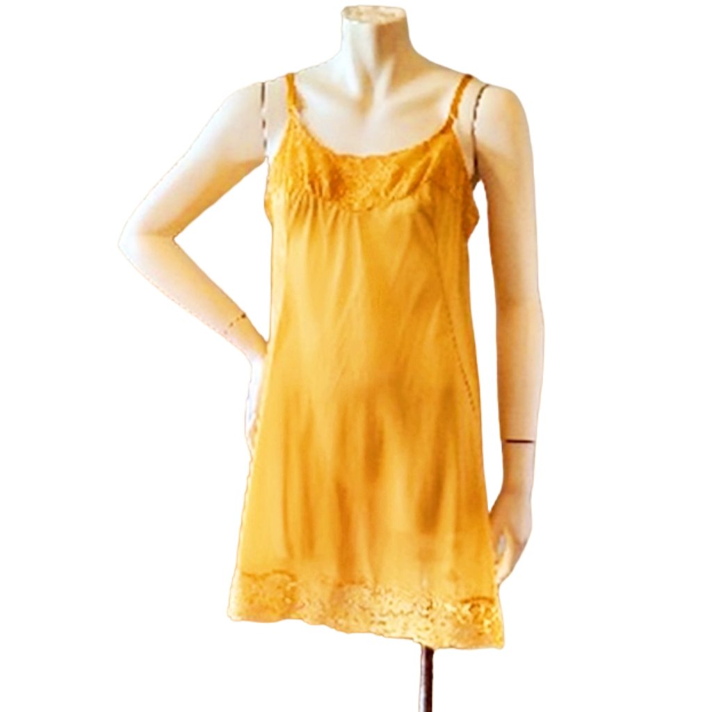 Golden Yellow 1960s Vintage Short Mini Nylon Slip Or Nightgown With Lace Small